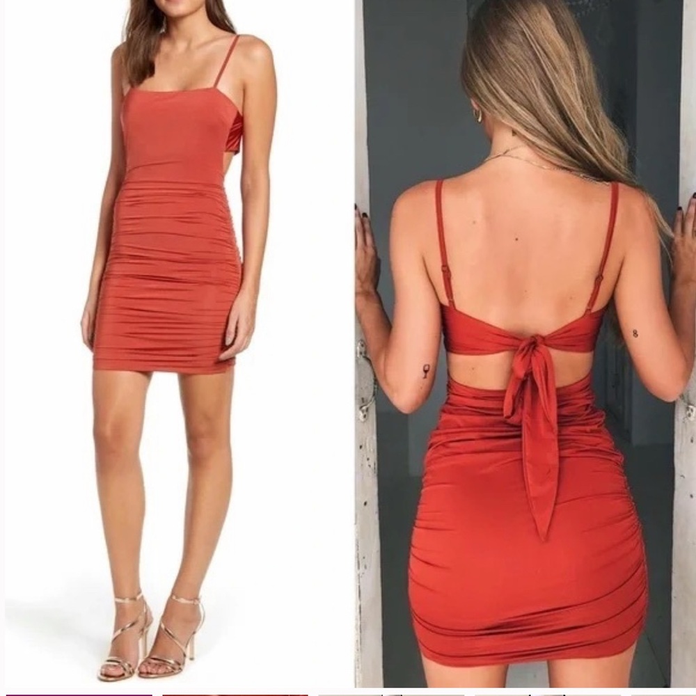 Tiger Mist Sunrise Tie Detail Ruched Terracota Bodycon Mini Dress Size XS